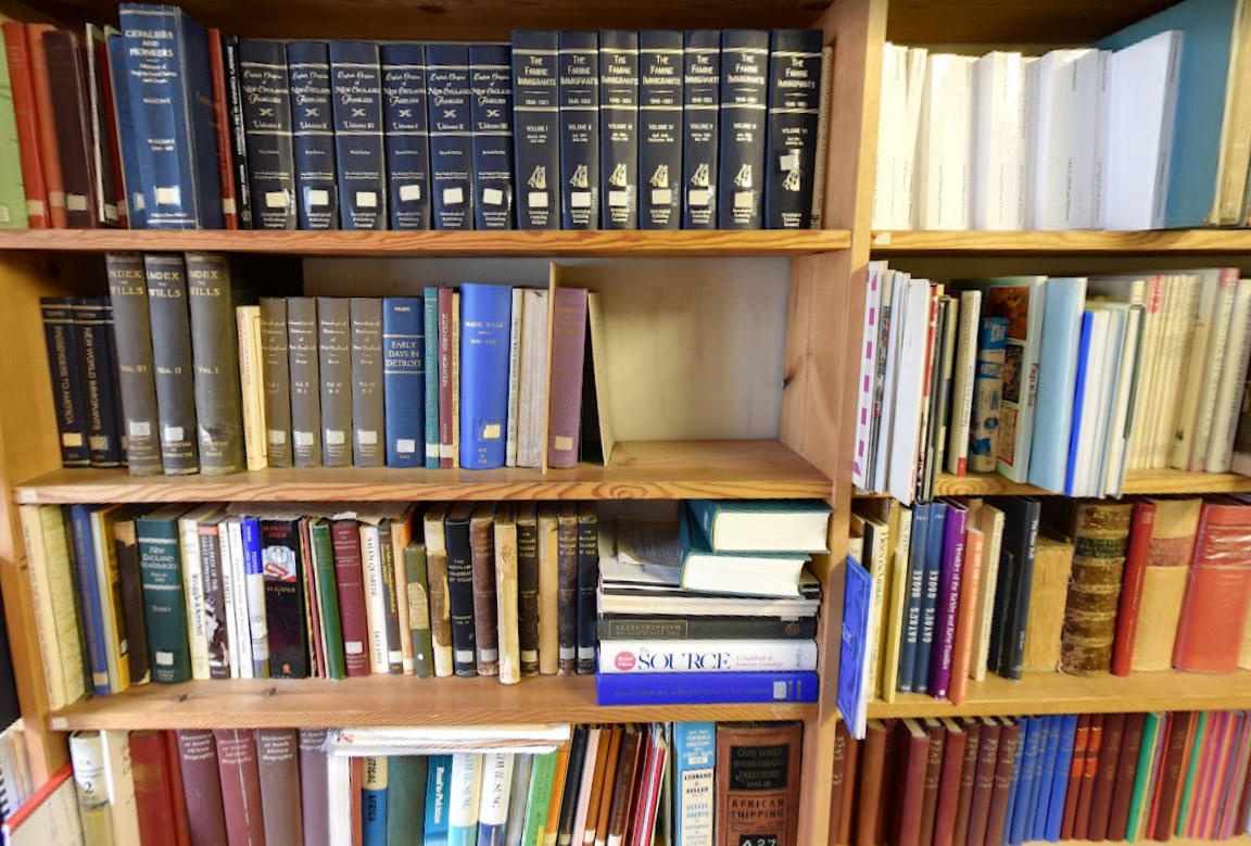 Shelves of books from the IHGS library collection.