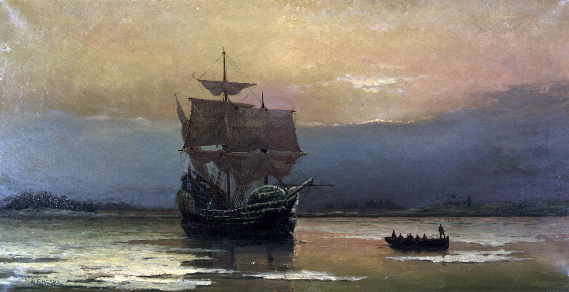 Historic painting of the Mayflower in Plymouth Harbor.