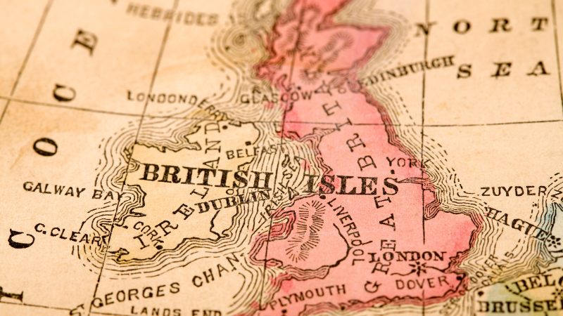 Map-style illustration of the British Isles.