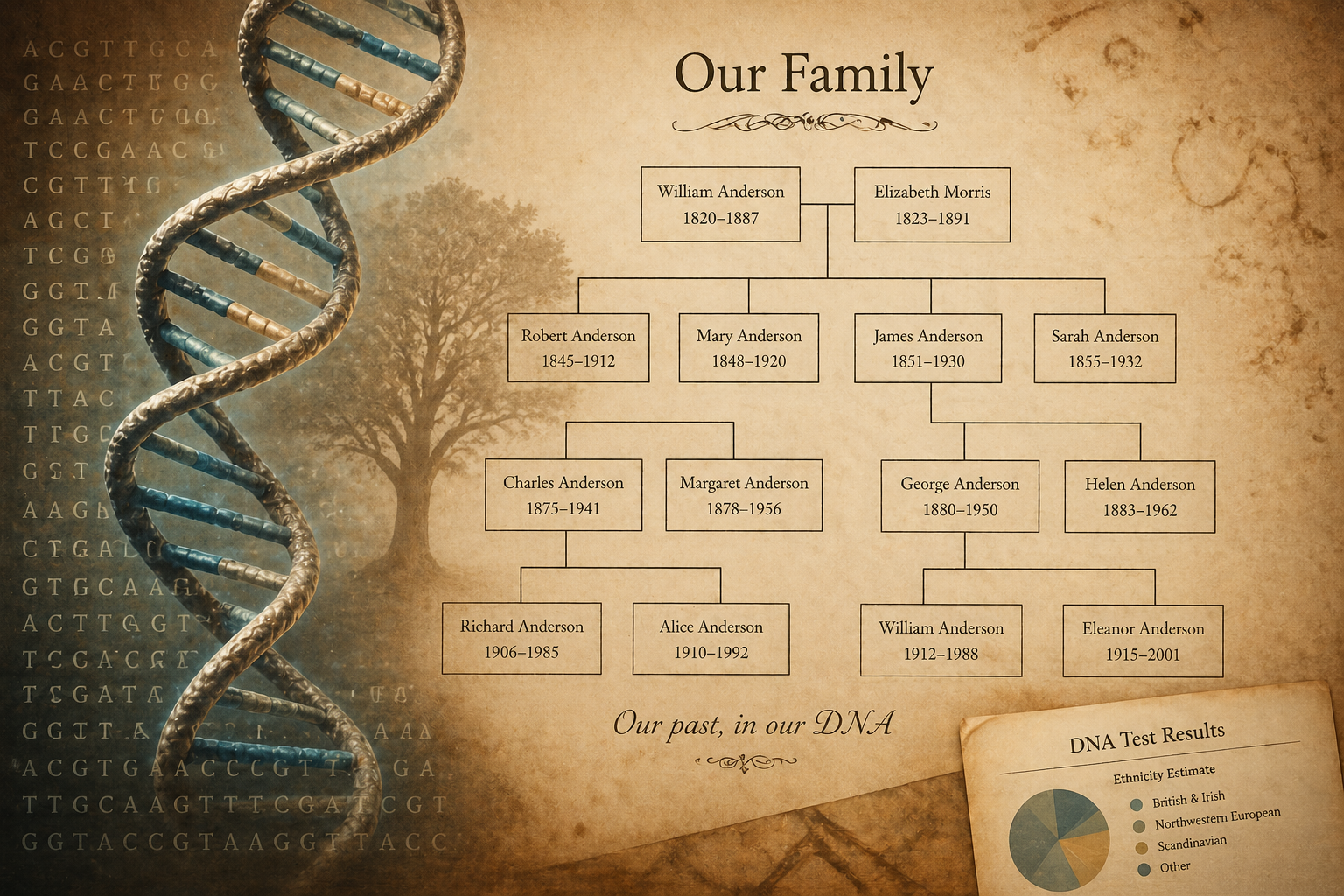 Illustration combining DNA research and family pedigree records.