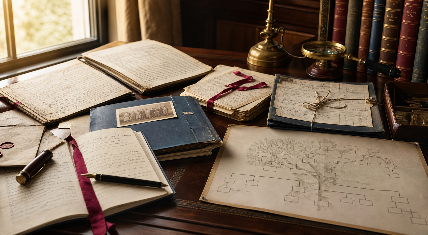 Genealogy research desk with historical records, handwritten documents, folders, and a family tree chart.
