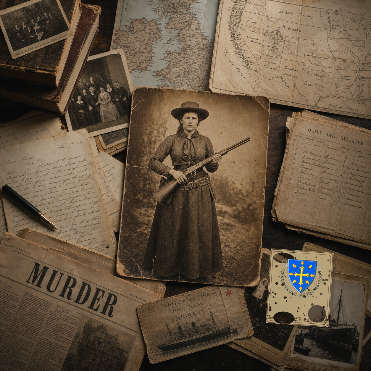 Genealogy ancestor story artwork with historical records and family history materials.